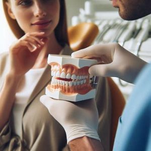 dentist explaining a model of teeth to a patient
